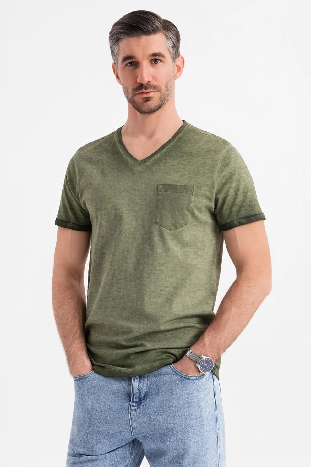 OMBRE, Tricou uni cu decolteu in V, Verde feriga, S