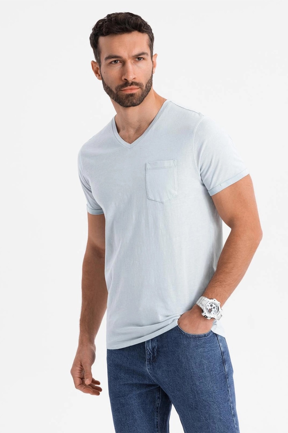 OMBRE, Tricou uni cu decolteu in V, Albastru glaciar, 2XL