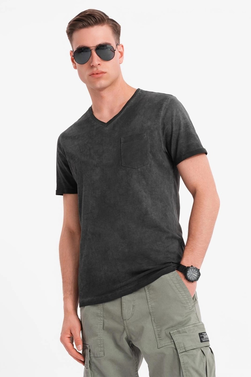 OMBRE, Tricou uni cu decolteu in V, Negru stins, S