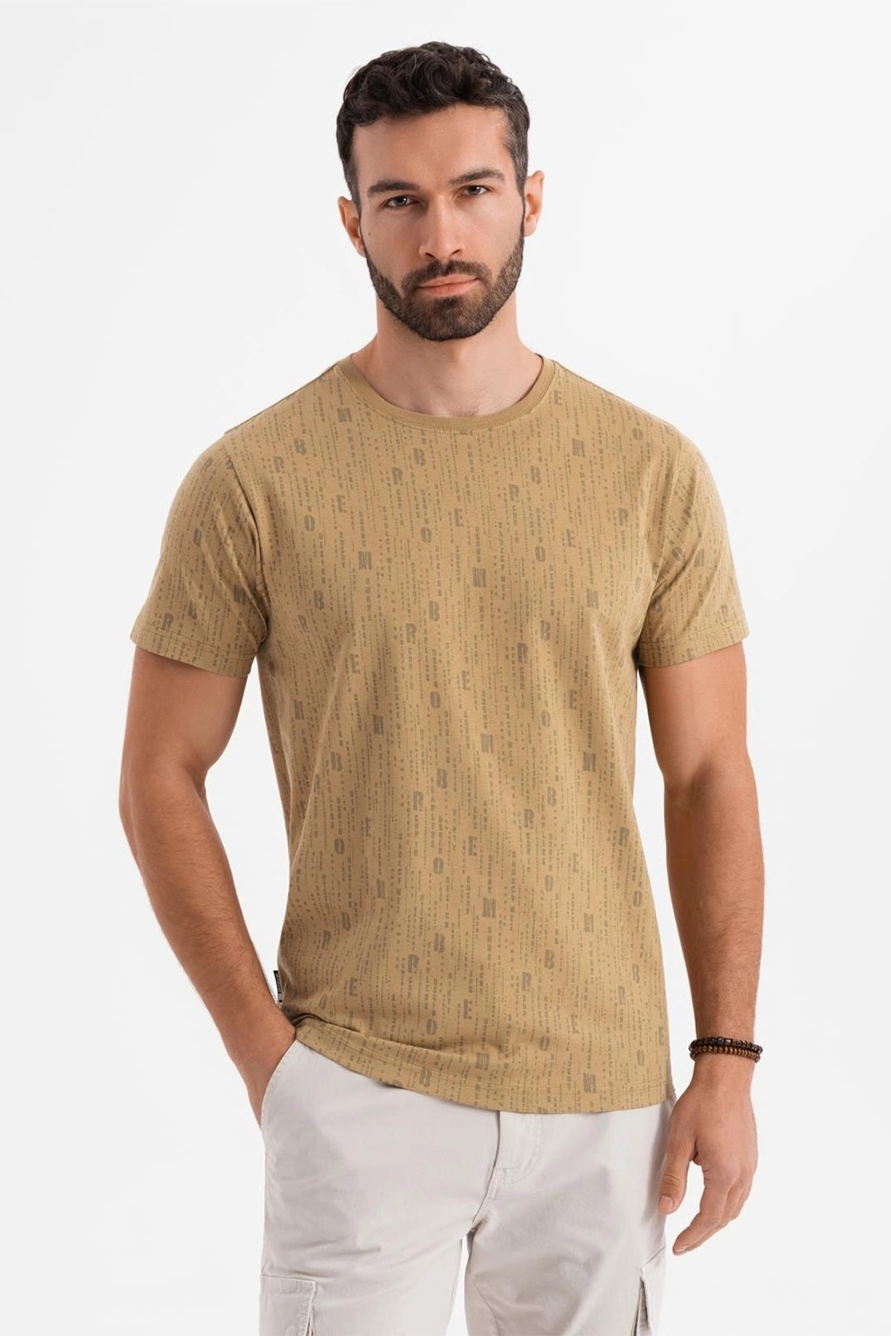 OMBRE, Tricou de bumbac cu model text, Camel, L