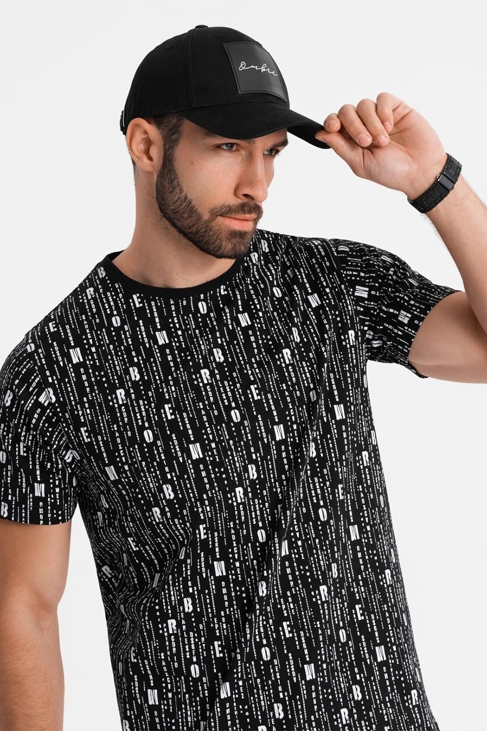 OMBRE, Tricou de bumbac cu model text, Alb, Negru, XL