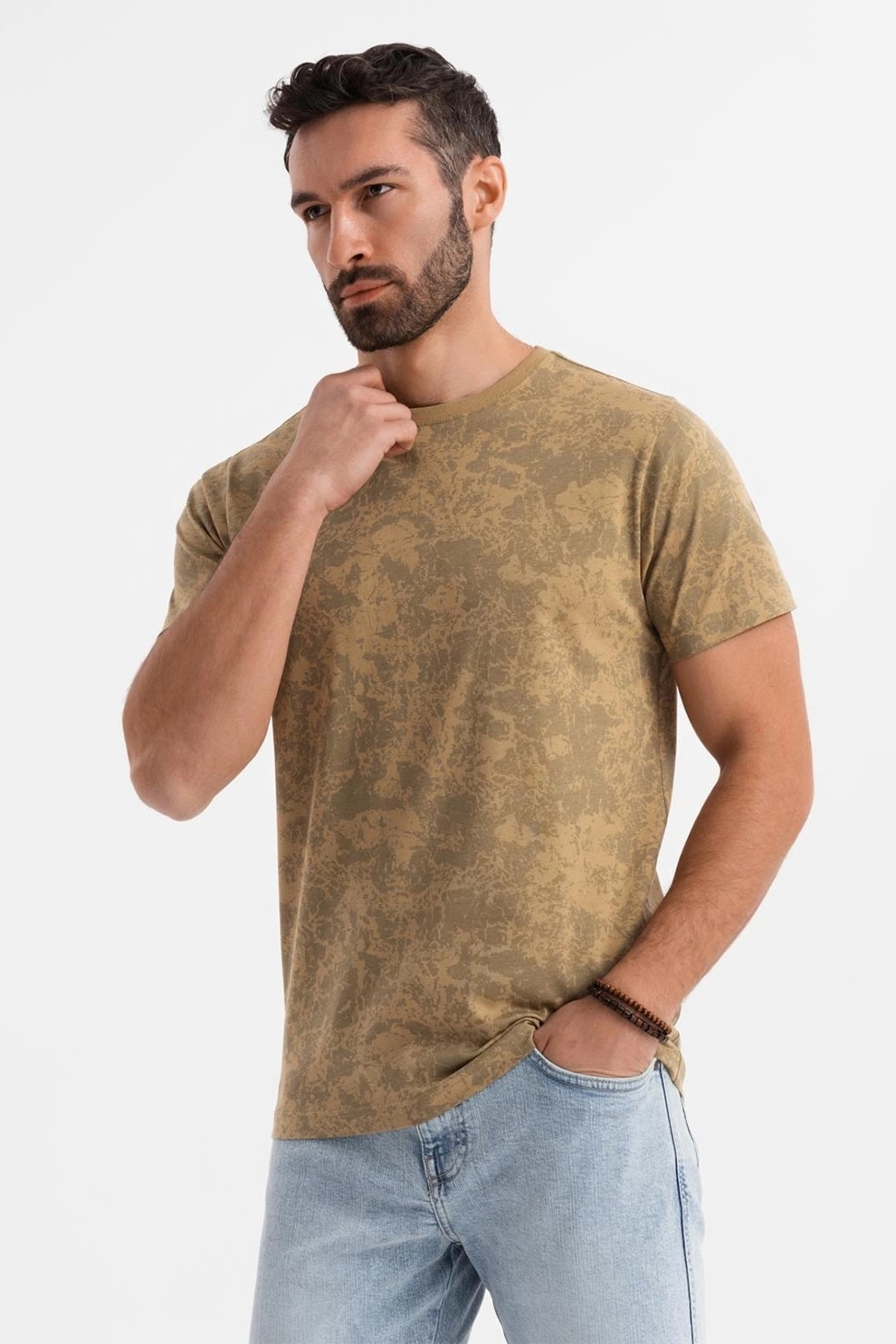 OMBRE, Tricou cu decolteu la baza gatului si model tie-dye, Caramel, S