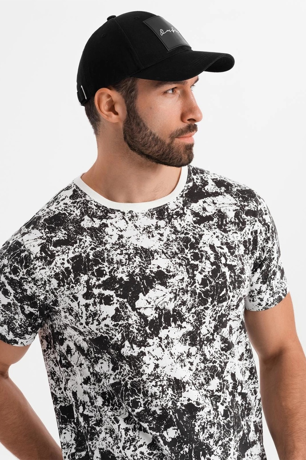 OMBRE, Tricou cu decolteu la baza gatului si model tie-dye, Negru, Alb optic, L