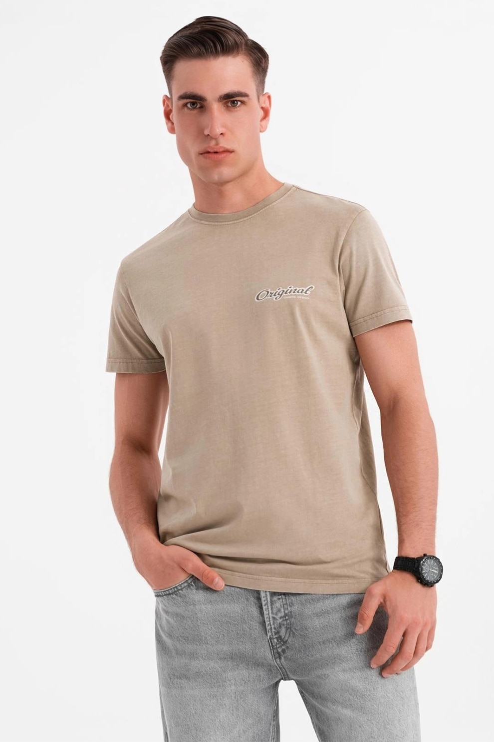 OMBRE, Tricou cu decolteu la baza gatului si imprimeu pe spate, Bej inchis, L