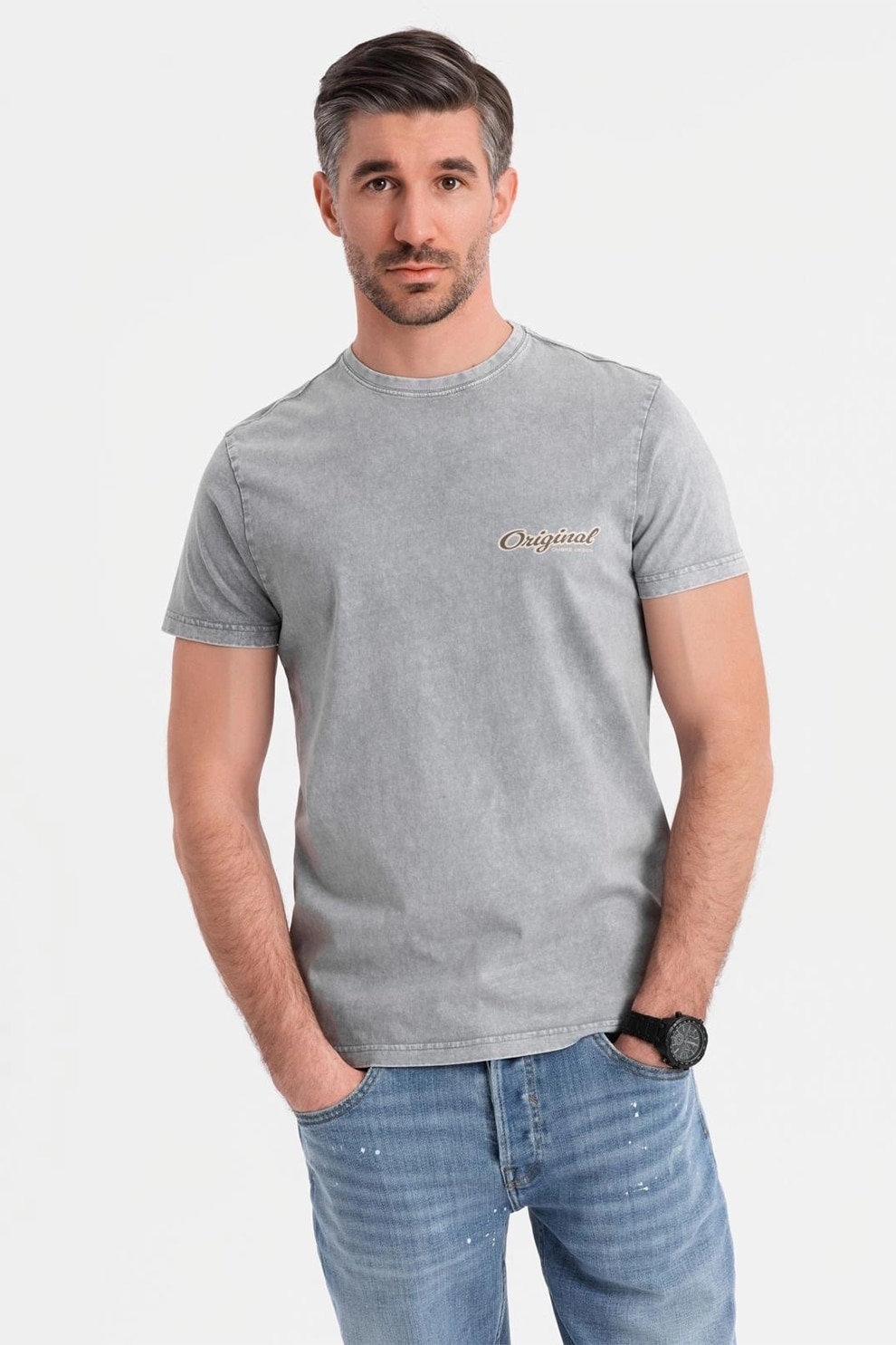 OMBRE, Tricou cu decolteu la baza gatului si imprimeu pe spate, Gri, L