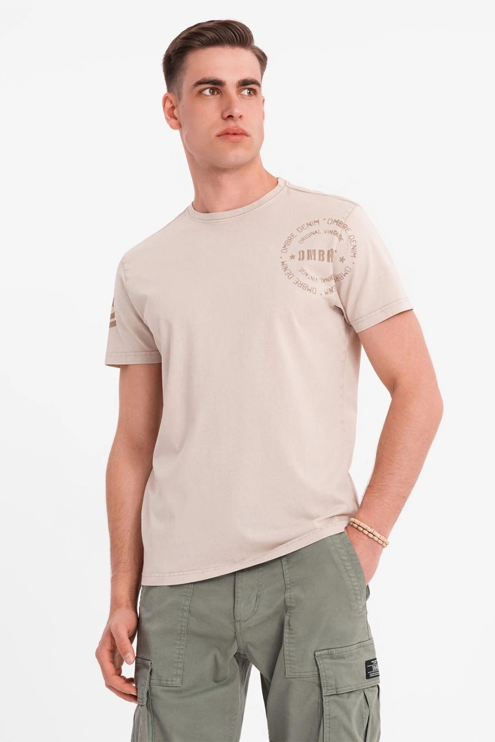 OMBRE, Tricou de bumbac cu decolteu la baza gatului, Bej, L