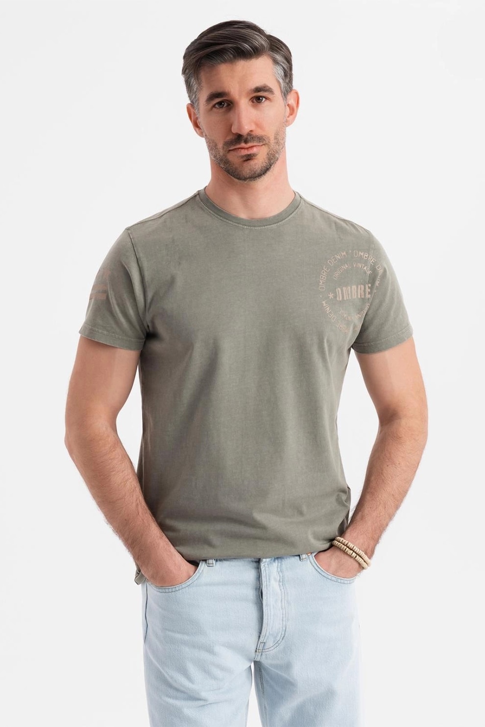 OMBRE, Tricou de bumbac cu decolteu la baza gatului, Kaki prafuit, 2XL