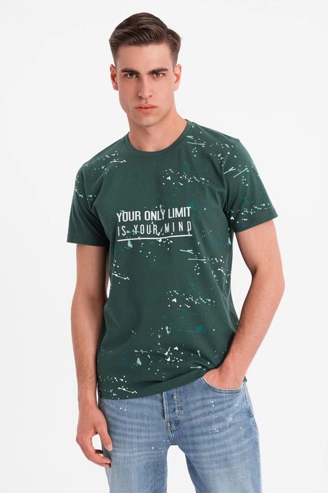 OMBRE, Tricou cu imprimeu si decolteu la baza gatului, Alb/Verde inchis