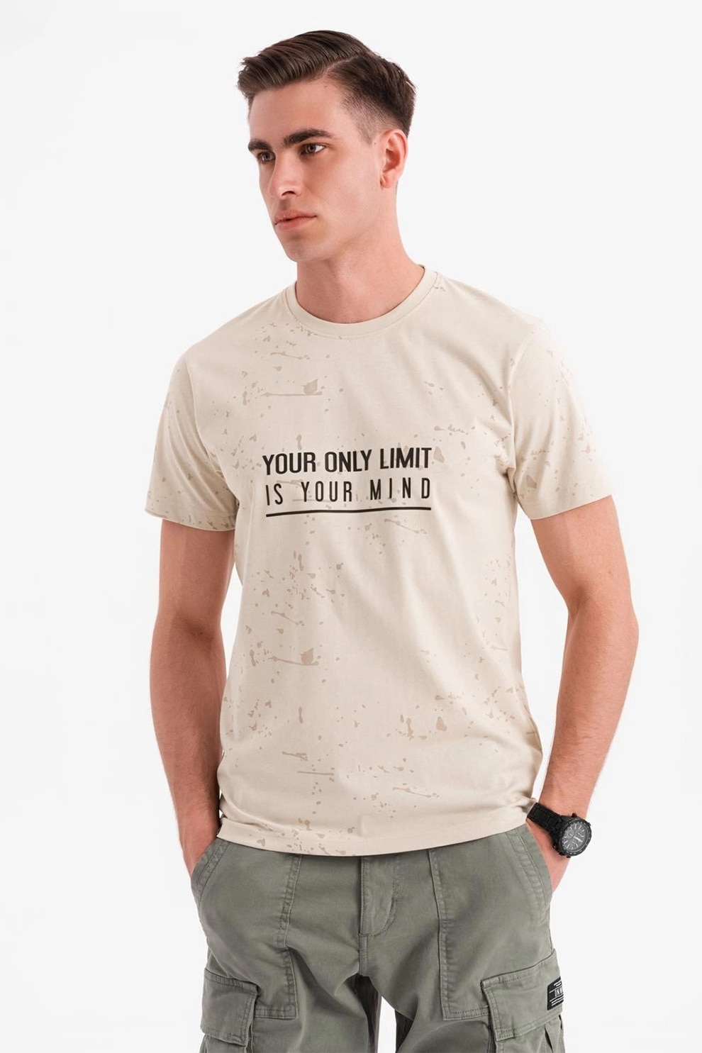 OMBRE, Tricou cu imprimeu si decolteu la baza gatului, Negru, Bej, L