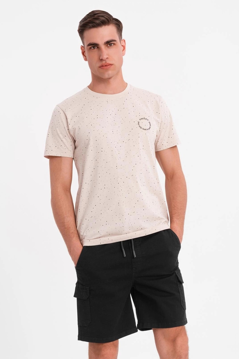 OMBRE, Tricou de bumbac cu pete decorative, Negru, Bej, Albastru, M