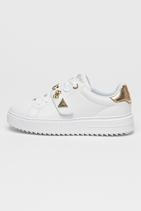 GUESS, Pantofi sport de piele ecologica cu detalii logo metalice, Auriu/Alb optic