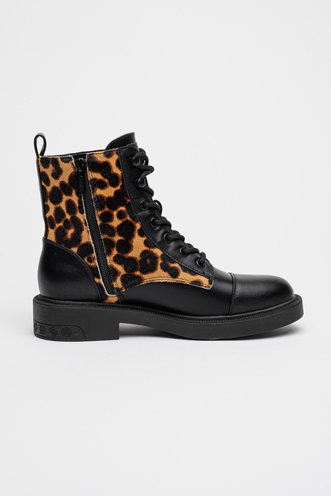 GUESS, Bocanci de piele cu animal print, Maro inchis/Negru/Maro