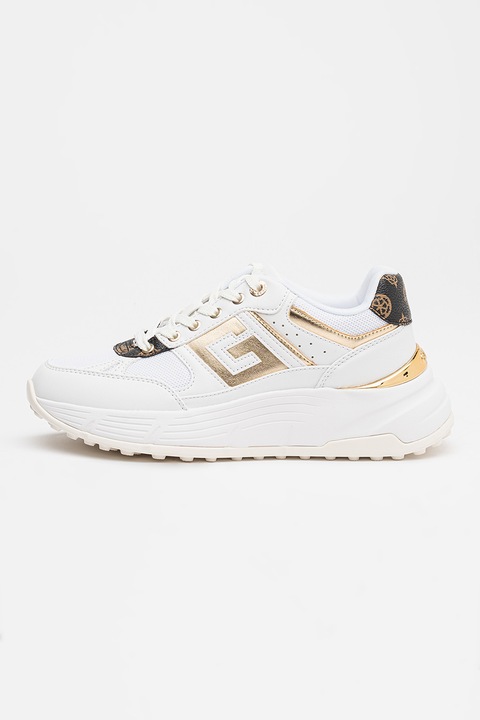 GUESS, Pantofi sport wedge de plasa si piele ecologica, Auriu/Maro/Alb optic