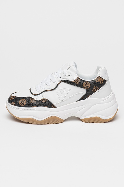 GUESS, Полускосени спортни обувки с лого, Бял/Тъмнокафяв/Бежов