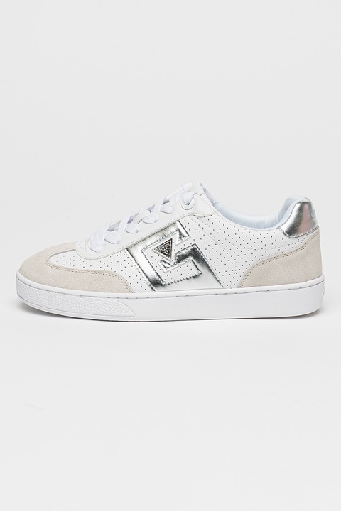 GUESS, Perforált sneaker nyersbőr részletekkel, Fehér/Ezüstszín