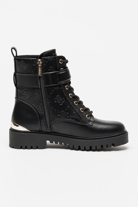 GUESS, Bocanci de piele ecologica cu logo metalic, Negru/Argintiu