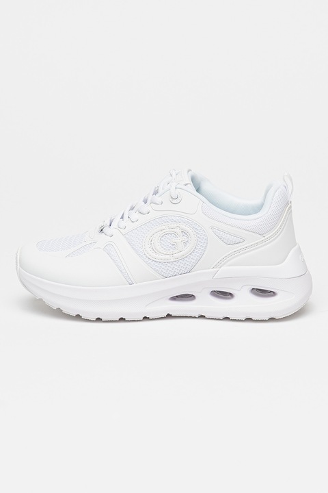 GUESS, Скосени мрежести маратонки с еко кожа, Бял/Мръснобял