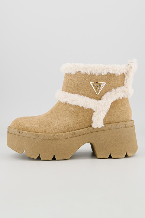 GUESS, Ghete demiwedge slip-on de piele intoarsa ecologica cu garnituri de blana sintetica, Maro deschis