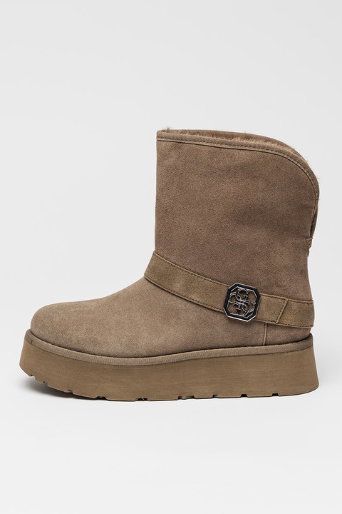 GUESS, Ghete slip-on de piele intoarsa ecologica cu captuseala de blana sintetica, Kaki