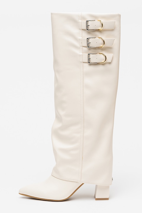 GUESS, Cizme lungi pana la genunchi de piele ecologica cu barete decorative Garica, Alb