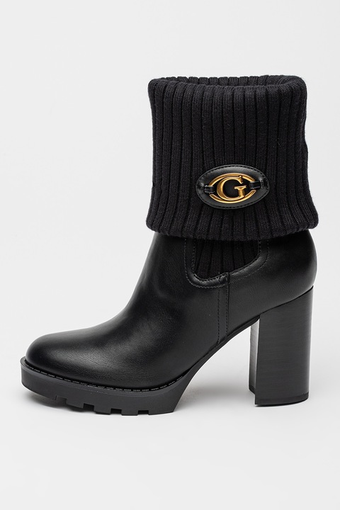 GUESS, Botine de piele ecologica cu garnituri tricotate, Negru