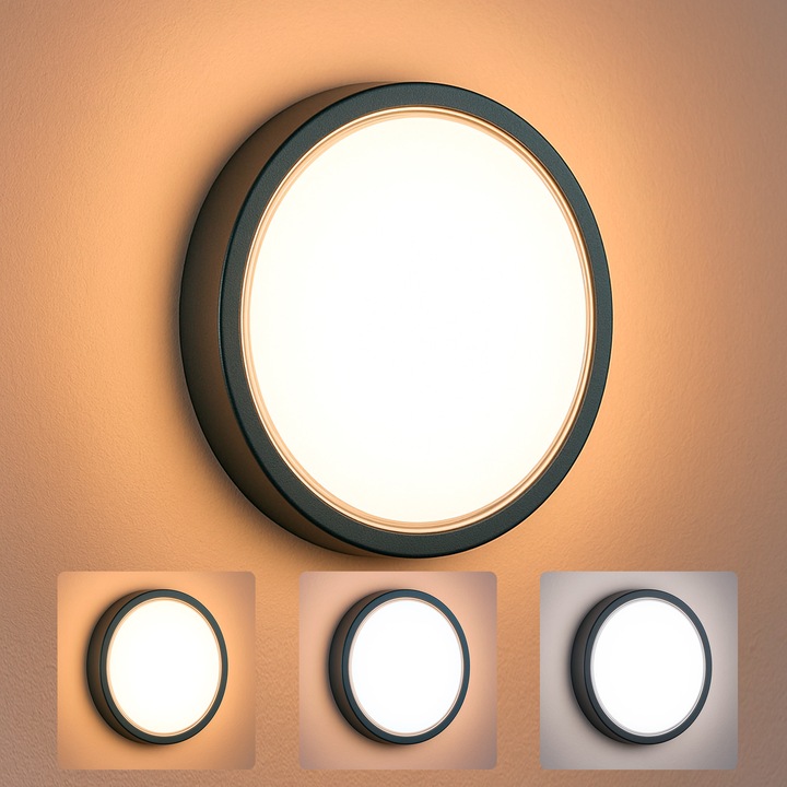 Aplica LED Exterior, Lampa de Perete, 18W, 1800Lm, IP65 Rezistent la apa, Rotund, Negru, Lumina Selectabila 3000K 4500K si 6000K, Ø22x5 cm