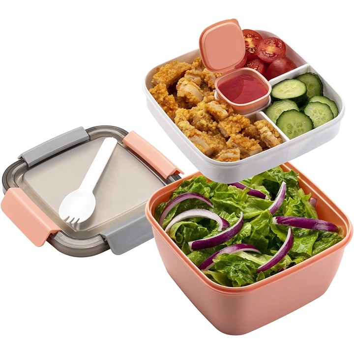 Cutie alimentara salata, 3 compartimente, compartiment sos, transparent, 22x15x6cm