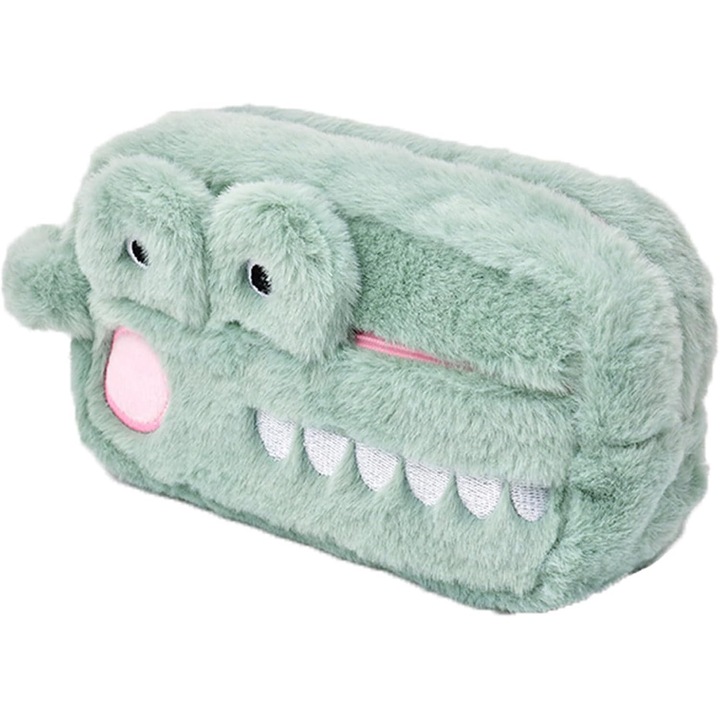 Penar mare, penar dragut de plus, model crocodil, penar pentru baieti si fete, penar scolar cu fermoar, penar pentru pixuri si cosmetice, verde, verde, penar mare