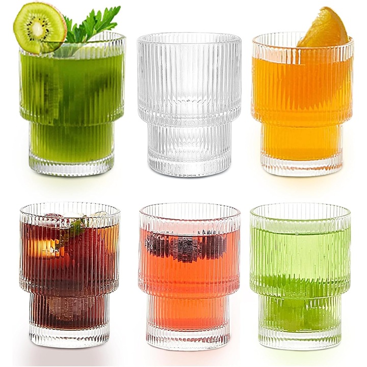 6 db tumbler pohár szett, bordázott origami stílusú dizájnnal és egymásra rakható, vastag boroszilikát üvegből, átlátszó, 6 x 200ml