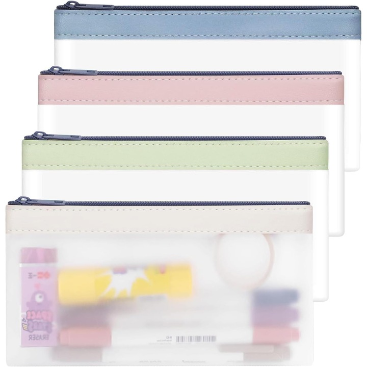 Pachet de 4 penare transparente, transparenta, penar TPU super moale cu fermoar, penar transparent, geanta cosmetica, impermeabila pentru studenti si adulti, scoala, rechizite de birou, transparenta