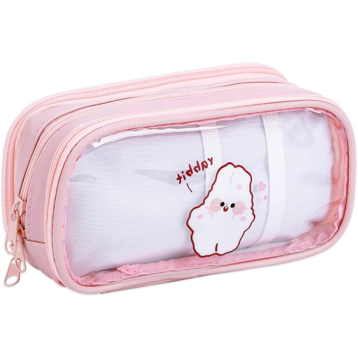 Penar transparent, cutie mare pentru creioane, 3 compartimente, rechizite scolare, papetarie, penar de mare capacitate pentru studenti, scoala, colegiu, birou, roz, geanta de gat