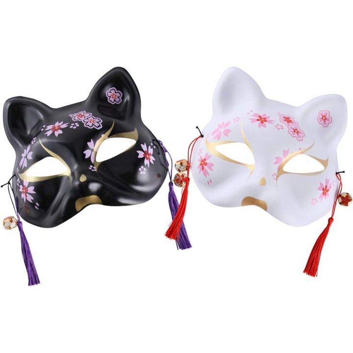 buc Masti de vulpe Jumatate de fata Acoperire Masti Kabuki Kitsune Japoneze Cosplay Masti Traditionale Masti de Petrecere Mascarada Kimono Costume de Petrecere Recuzita, Negru, Alb