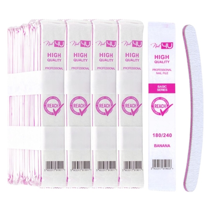 Pila Unghii Banana Nail4U 180/240 Set 100 Bucati Profesionale, Unica Folosinta