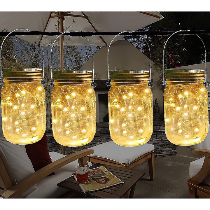 Lumina solara suspendata cu capac de borcan Mason, 4 bucati de luminite cu sir de 20 LED-uri, lumina de licurici impermeabila IP65