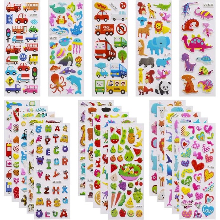 Stickere 3D pentru copii Kengege®, 550+ bucati, 24 coli, multicolor, 15x20cm