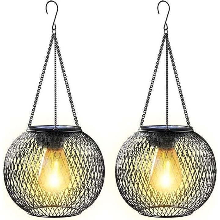 Felinar solar, pachet de 2 felinare solare de gradina pentru exterior cu lumina solara suspendata impermeabila IP65, lumina de gradina metalica cu comutator automat pentru decorarea terasa, gazon, masa, gard, alb cald [Clasa energetica A+++]