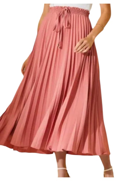 Fusta Plisata Midi cu Talie Elastic, caramizie, L