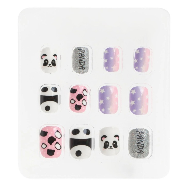 Unghii False Adezive Albe Roz Negre Panda pentru Copii 12buc