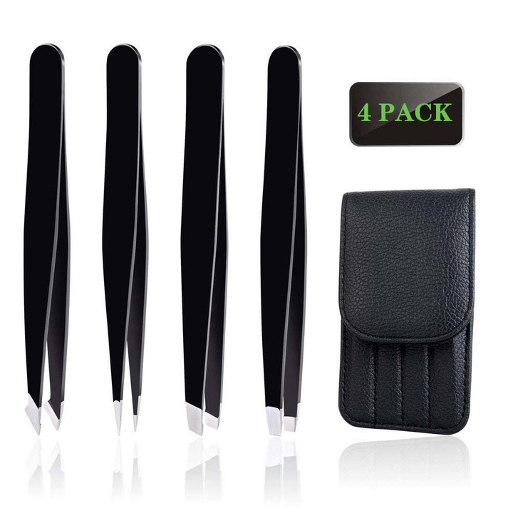 Set 4 pensete pentru sprancene, negru, diverse forme, cu etui