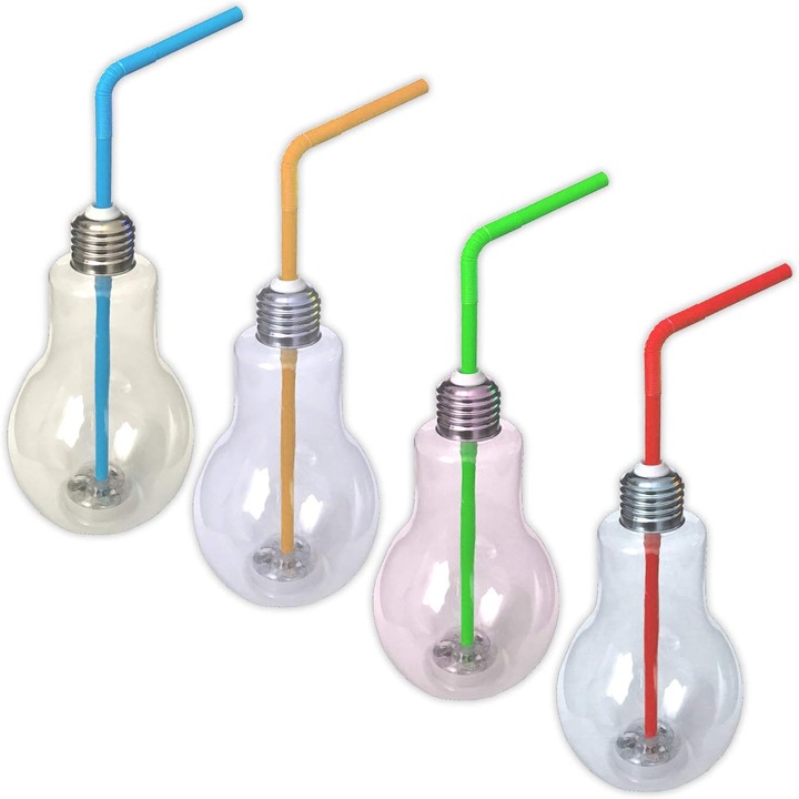 4 db RGB LED üveg pohár szett bulihoz, fedővel és szívószállal, 400 ml, Koktélpohár, átlátszó