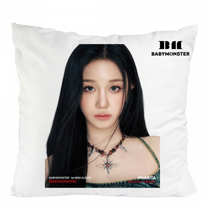 Perna personalizata babymonster pharita kpop, Poliester, Alb, 40 x 40 cm