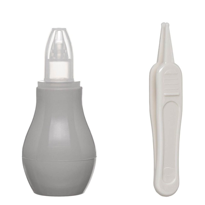 Set 2 Piese Aspirator Nazal Bebelusi Cu Penseta Plastic Alb