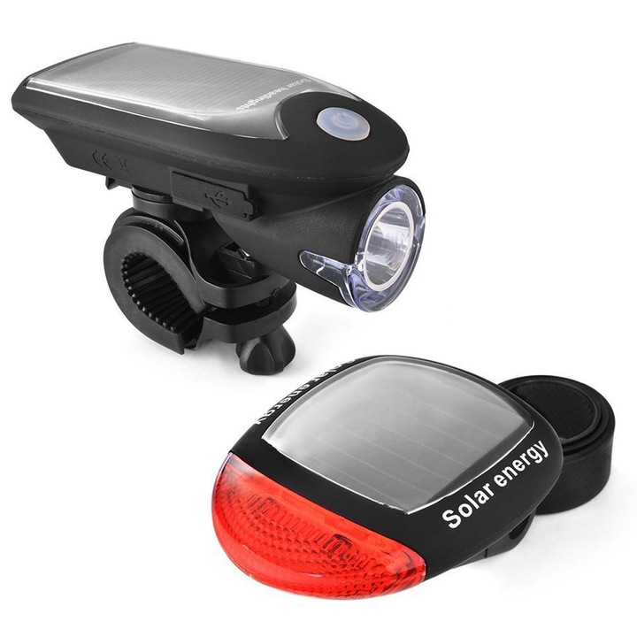 Lampa de bicicleta portabila puternica – Lampa de bicicleta solara LED reincarcabila prin USB cu faruri fata si spate – Lampa frontala neagra + lumina spate, neagra