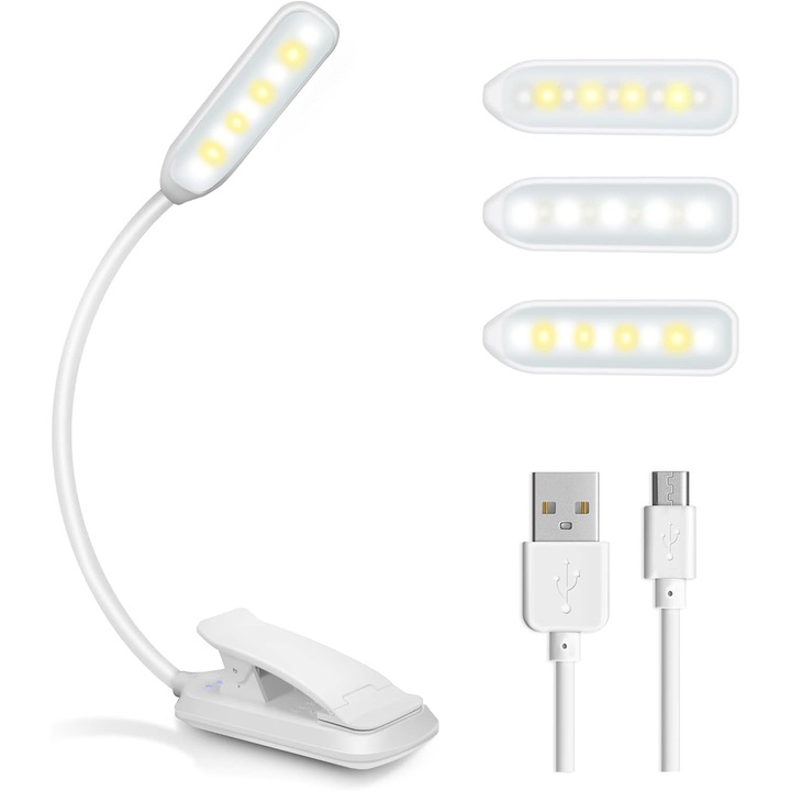 Lampa de citit, 9 LED-uri, lumina de citit reincarcabila USB, lumina de carte cu intensitate reglabila, 3 moduri de culoare (alb/cald/alb cald), lampa cu clips pliabila la 360° si flexibila pentru citit in pat