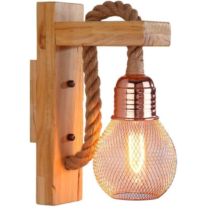 Aplica de perete vintage din lemn masiv - Stil industrial retro - Franghie de canepa - Lampa de perete rustica - Iluminat interior - Abajur metalic - E27 - Maro-roscat