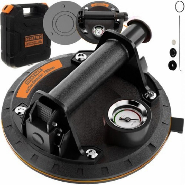 Ventuza cu pompa de vid Fabra®, dublu strat, manometru, cu maner antiderapant pentru ridicarea, sarcina 200 kg, 760 mmHg, pentru transport sticla, granit, marmura, placi ceramice