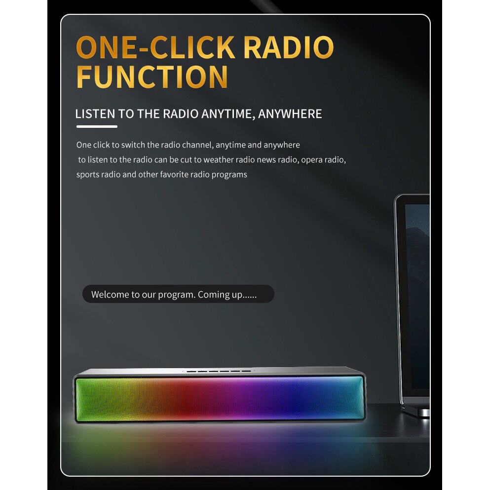 Bara de sunet, Bluetooth 5.1, iluminare RGB, calitate sunet HIFI, AUX, FM, suport card TF, 1800mAh, compatibilitate larga, aplicatie multi-scenariu, incarcare USB, autonomie lunga a bateriei, negru