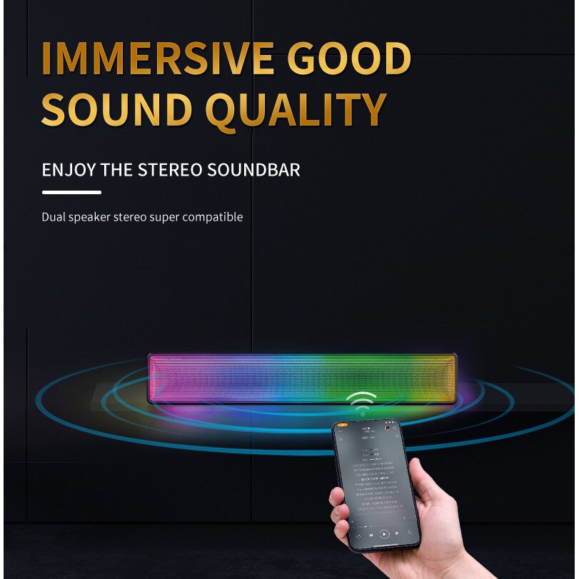 Bara de sunet, Bluetooth 5.1, iluminare RGB, calitate sunet HIFI, AUX, FM, suport card TF, 1800mAh, compatibilitate larga, aplicatie multi-scenariu, incarcare USB, autonomie lunga a bateriei, negru