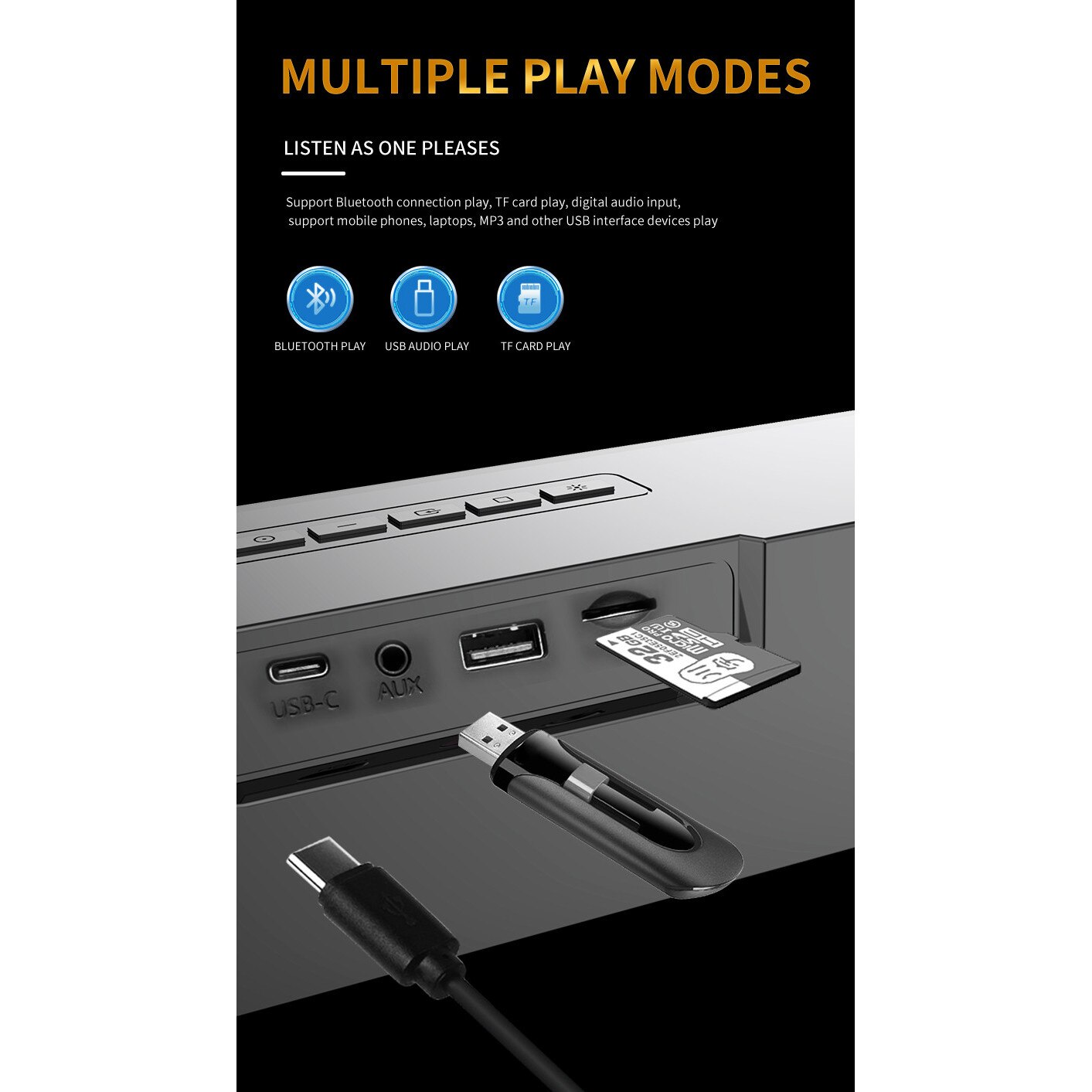 Bara de sunet, Bluetooth 5.1, iluminare RGB, calitate sunet HIFI, AUX, FM, suport card TF, 1800mAh, compatibilitate larga, aplicatie multi-scenariu, incarcare USB, autonomie lunga a bateriei, negru