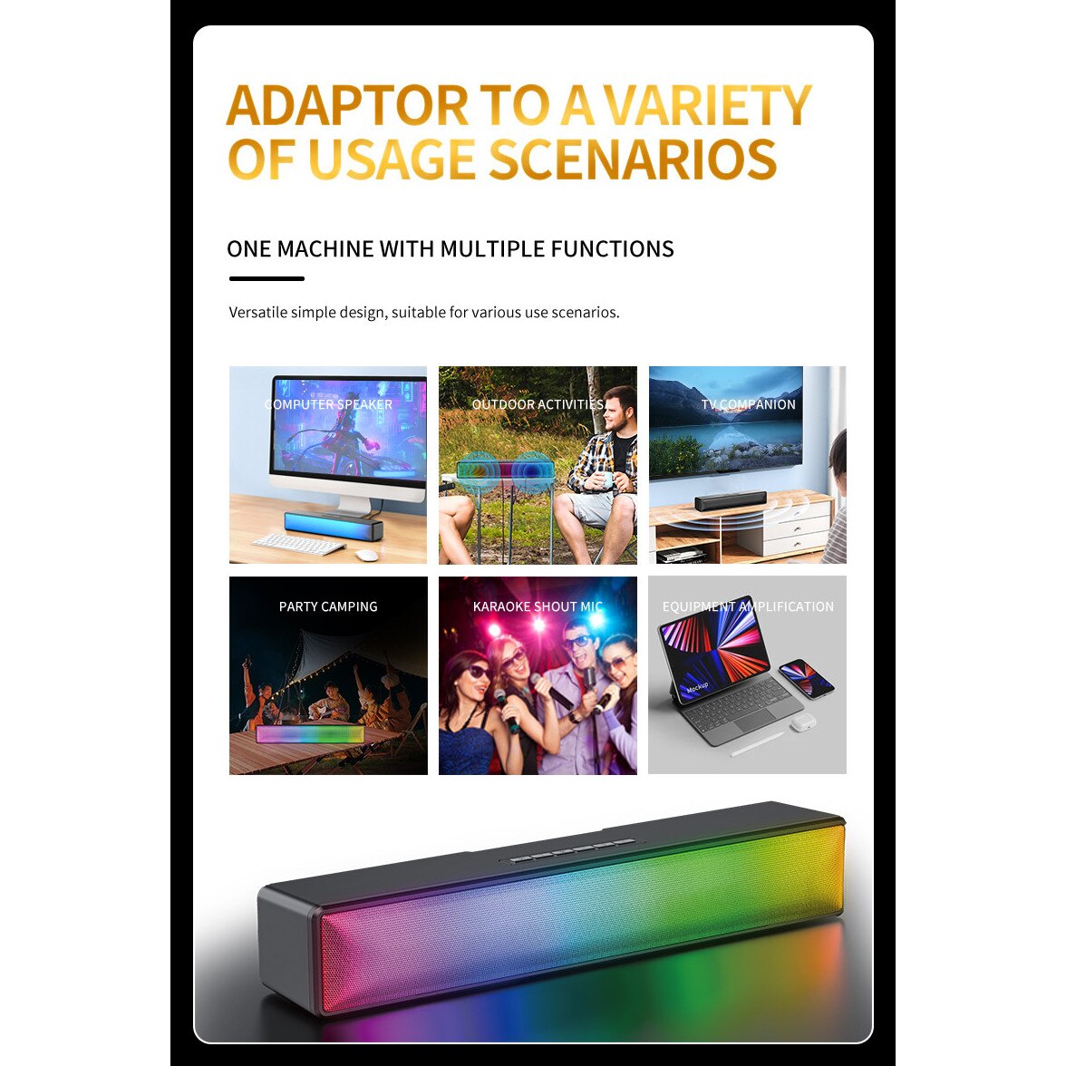 Bara de sunet, Bluetooth 5.1, iluminare RGB, calitate sunet HIFI, AUX, FM, suport card TF, 1800mAh, compatibilitate larga, aplicatie multi-scenariu, incarcare USB, autonomie lunga a bateriei, negru